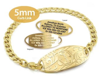 Engraved 5mm Curb Link Medical Alert ID Bracelet by MedicEngraved® – Yellow Gold Stainless Steel