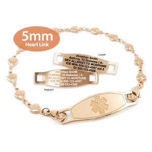 MedicEngraved™ 316L Stainless Steel 5mm Rose Gold Finish Heart Link Bracelet with Interchangeable Medical ID Tag - Engraving Included