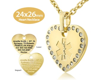 MedicEngraved® Heart Medical ID Necklace w/Crystals (24x26mm) - 316L Stainless Steel Yellow Gold Finish with 3mm Necklace-Engraving Included