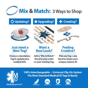 The image is an advertisement for a medical ID tag product, featuring three different tag designs and options for customization.