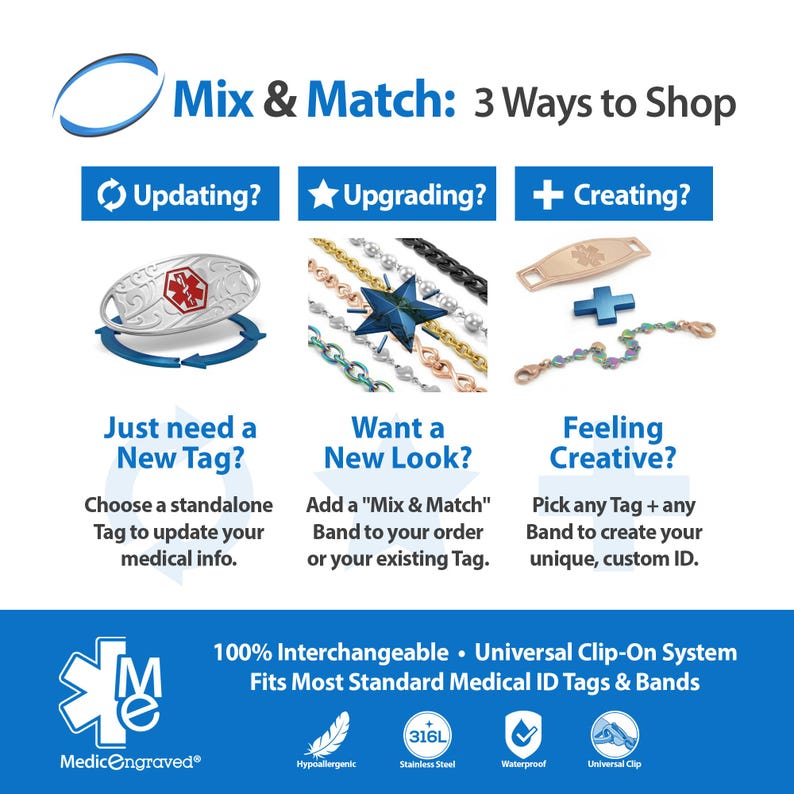 The image is an advertisement for a medical ID tag product, featuring three different tag designs and options for customization.