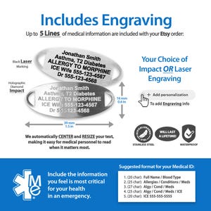 text and graphics related to medical information and engraving, including details about the engraving process and suggested formats for medical ID cards.