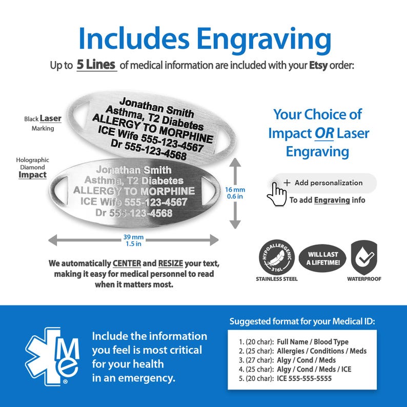 text and graphics related to medical information and engraving, including details about the engraving process and suggested formats for medical ID cards.