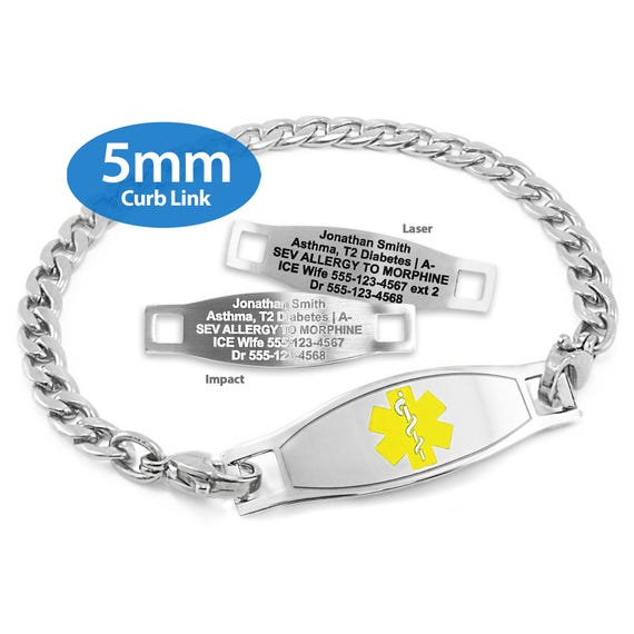 Engraved 5mm Curb Link Medical Alert ID Bracelet by Medicengraved