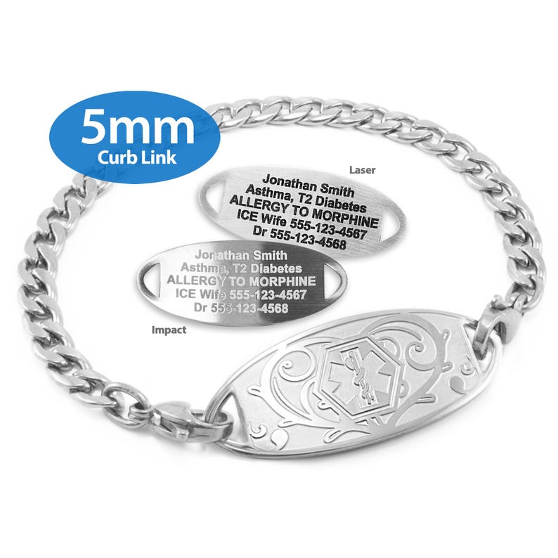 a silver-colored bracelet with engraved medical information, including the names of the wearer and a medical condition.
