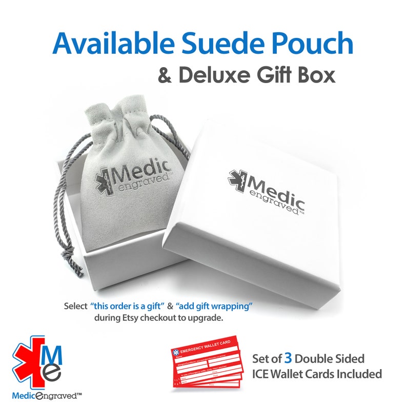 May include: A white suede pouch with the Medicengraved logo, inside a white gift box with the Medicengraved logo. The box is open and the pouch is visible. The image also includes three red emergency wallet cards with the text "Emergency Wallet Card" and a set of 3 double-sided ICE wallet cards included.