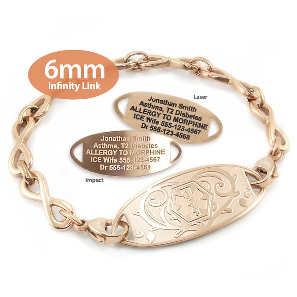 MedicEngraved™ 316L Stainless Steel 6mm Rose Gold Finish Infinity Link Bracelet with Interchangeable Medical ID Tag - Engraving Included