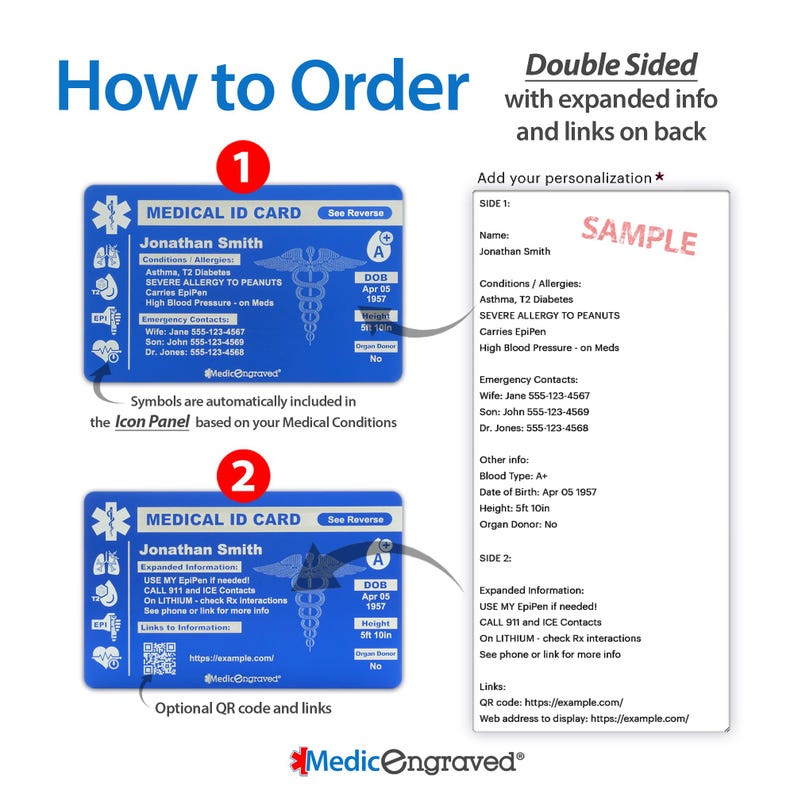 K&ouml;nnte beinhalten: Eine blaue medizinische ID-Karte mit dem Text "Medical ID Card" und "Jonathan Smith" auf der Vorderseite. Die Karte zeigt einen roten Stern und ein Symbol des Hermesstabes. Die R&uuml;ckseite der Karte tr&auml;gt den Text "Erweiterte Informationen" und "VERWENDEN SIE MEIN EpiPen, falls erforderlich!" Die Karte enth&auml;lt auch einen QR-Code und Links zu weiteren Informationen.