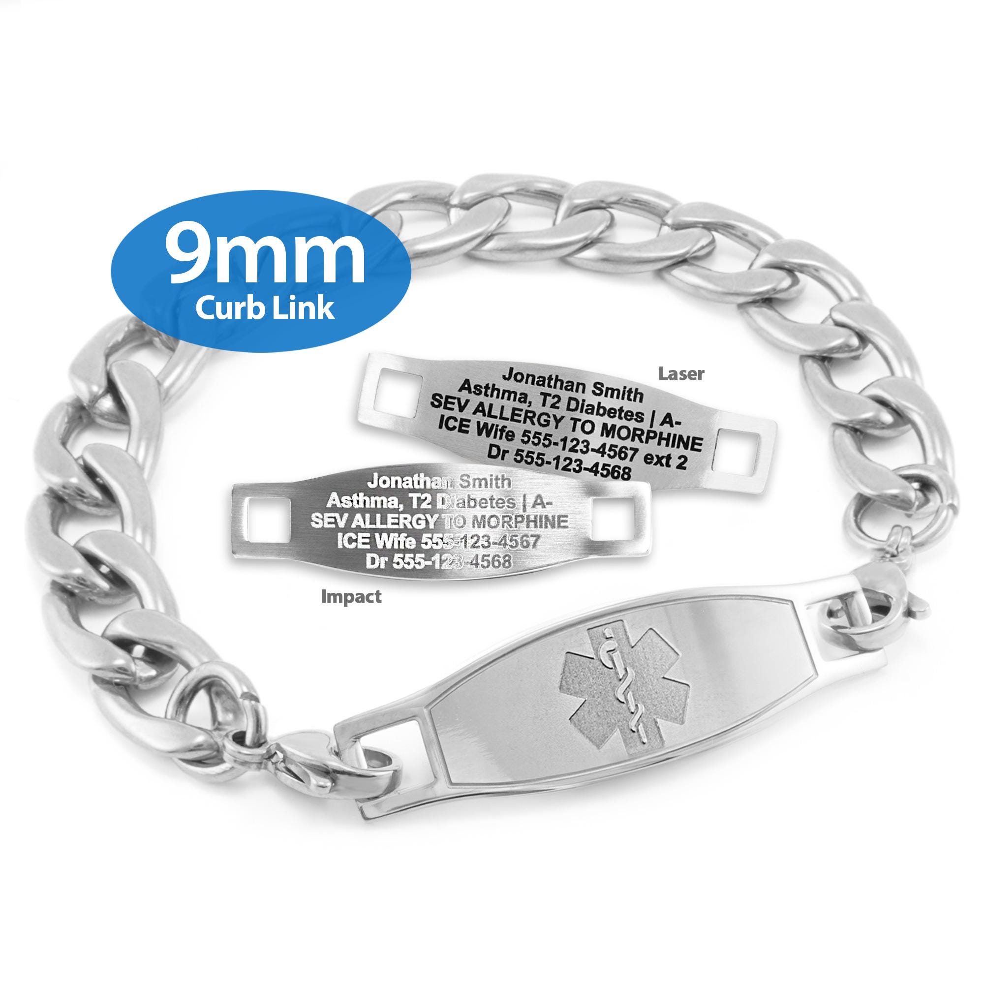 Engraved 9mm Curb Link Medical Alert ID Bracelet by Medicengraved