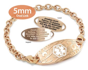 Engraved 5mm Oval Link Medical Alert ID Bracelet by MedicEngraved® – Rose Gold Stainless Steel