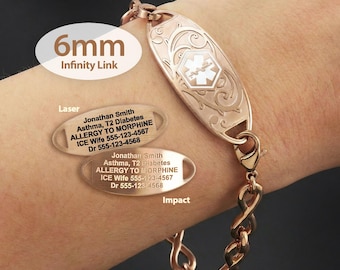 Engraved 6mm Infinity Link Medical Alert ID Bracelet by MedicEngraved® – Rose Gold Stainless Steel