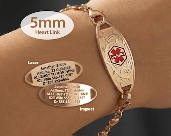 Engraved 5mm Heart Link Medical Alert ID Bracelet by MedicEngraved® – Rose Gold Stainless Steel