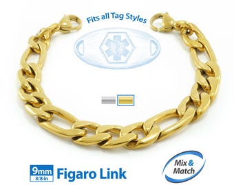 Medical Alert ID Replacement Mix & Match 9mm Figaro Bracelet Band (No Tag) by MedicEngraved® - Stainless Steel