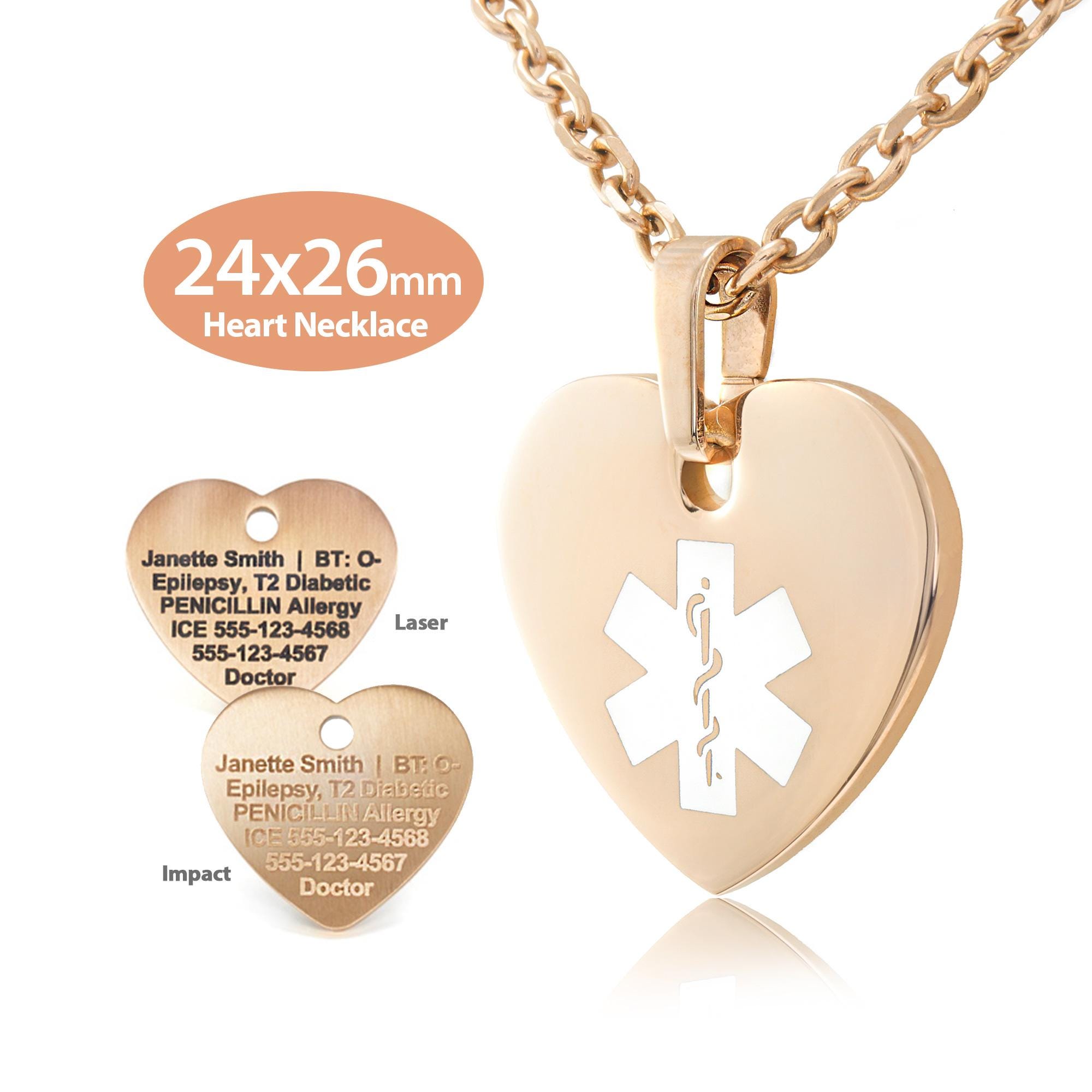 Medicengraved® Heart Medical ID Necklace (24x26mm) in 316L Stainless Steel  Rose Gold Finish With 3mm Oval Link Necklace - Engraving Included - Etsy