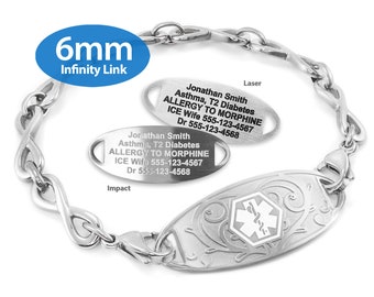 MedicEngraved™ 316L Stainless Steel 6mm Infinity Link Bracelet with Interchangeable Medical ID Tag (Star of Life) - Engraving Included