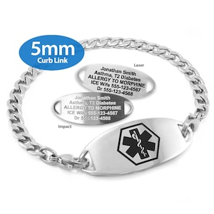 a silver-colored metal bracelet with a 5mm curb link attached to it. The bracelet has a medical alert label attached to it, which includes information about allergies and anaphylaxis.