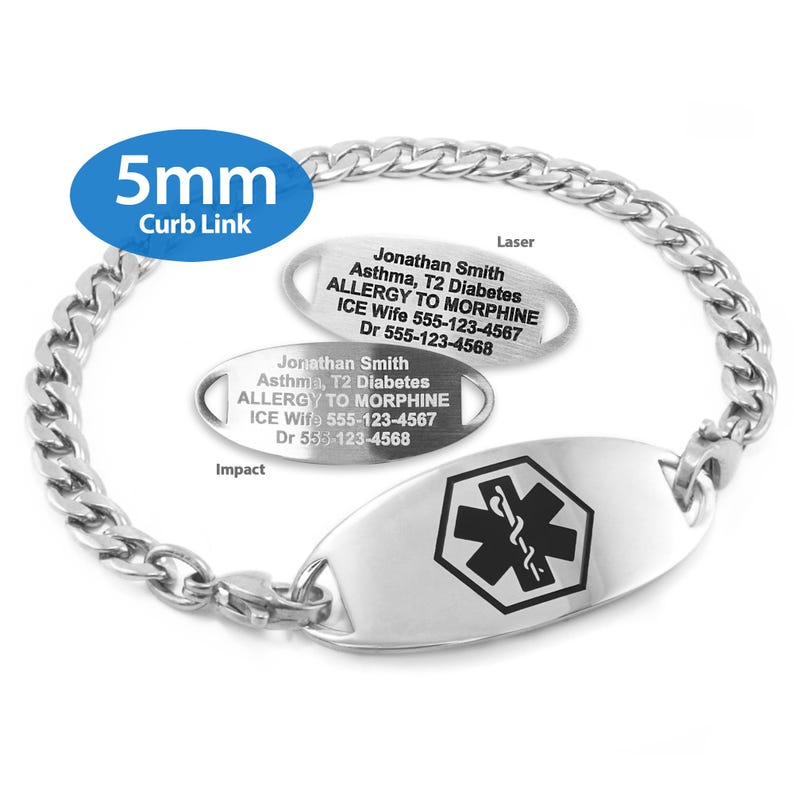 a silver-colored metal bracelet with a 5mm curb link attached to it. The bracelet has a medical alert label attached to it, which includes information about allergies and anaphylaxis.