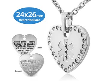 MedicEngraved® Heart Medical ID Necklace w/Crystals (24x26mm) - 316L Stainless Steel with 3mm Necklace-Engraving Included