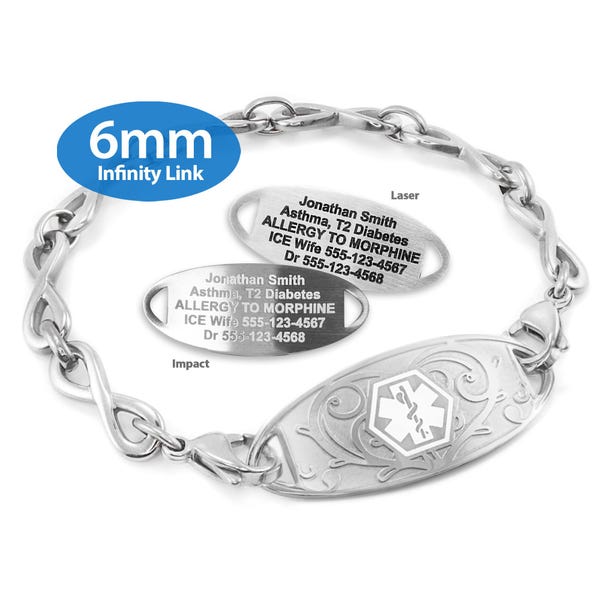 Engraved 6mm Infinity Link Medical Alert ID Bracelet by MedicEngraved® – Stainless Steel
