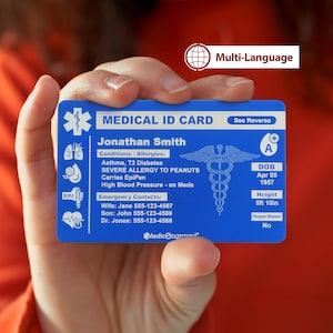 MedicEngraved® Medical ID Card, Personalized Medical Alert Emergency Wallet Card, Laser Engraved on Blue or Red Anodized Aluminum