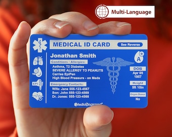 MedicEngraved® Medical ID Card, Personalized Medical Alert Emergency Wallet Card, Laser Engraved on Blue or Red Anodized Aluminum