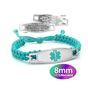 May include: A turquoise macrame bracelet with a silver medical ID tag. The tag features a green star of life symbol and is engraved with the text "Jonathan Smith Asthma, T2 Diabetes | A- SEV ALLERGY TO MORPHINE ICE Wife 555-123-4567 ext 2 Dr 555-123-4568". The bracelet is 8mm wide.