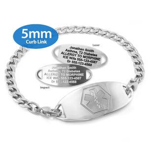 a silver-colored metal bracelet with a 5mm curb link attached to it. The bracelet has a medical emergency tag engraved with information about a person named Jonathan Smith, who has allergies and asthma. The tag also includes the contact information of Jonathan Smith's wife, Dr. Jonathan Smith.