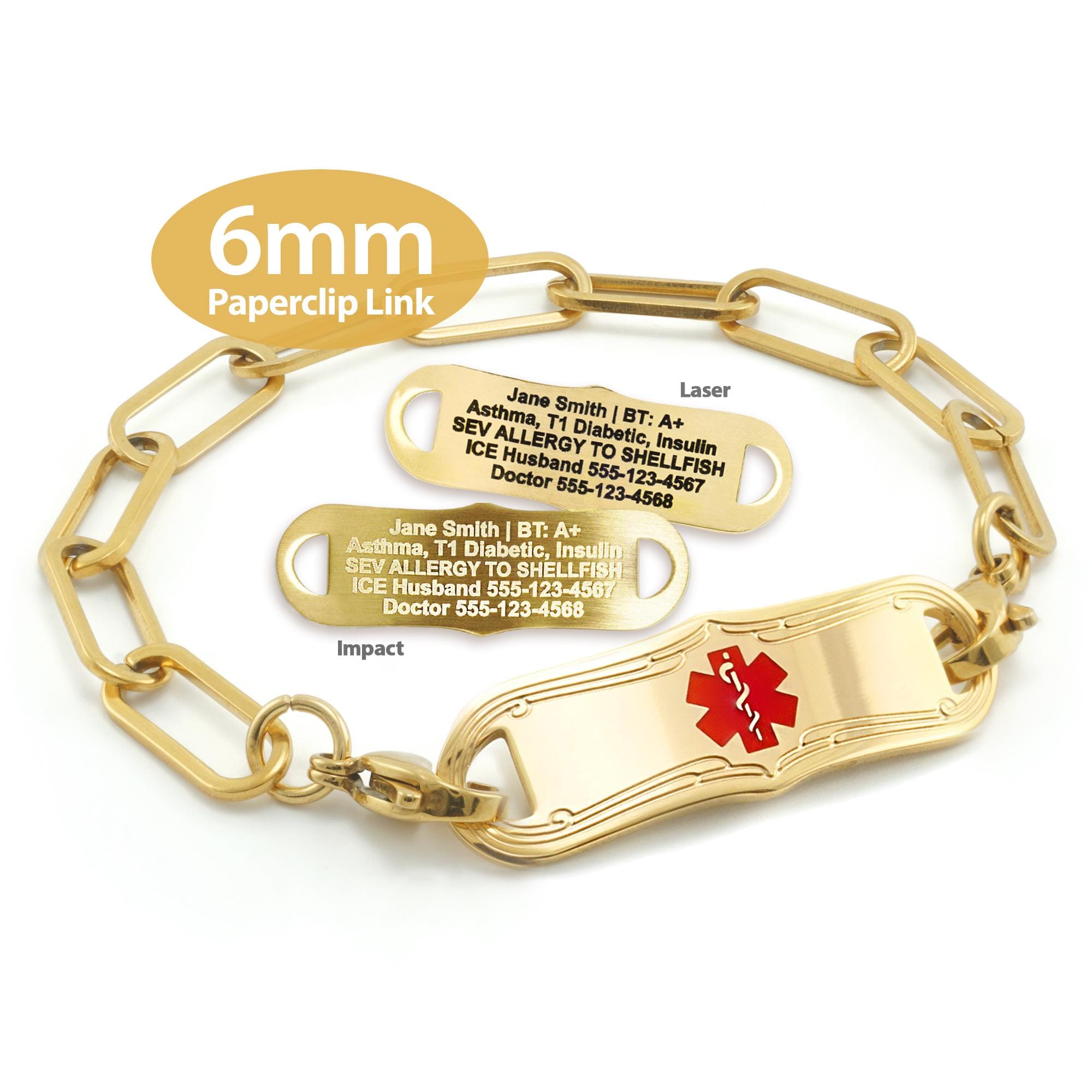 Engraved 6mm Paperclip Link Medical Alert ID Bracelet by MedicEngraved - Yellow Gold Stainless Steel