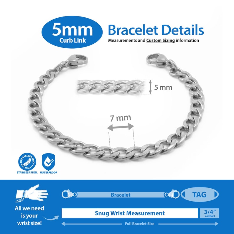 The image is a product image for a 5mm Curb Link bracelet. It shows the bracelet in various sizes, including a full bracelet size of 3/4" comfort. The image also includes measurements and information about the bracelet, such as its stainless steel material, 5mm size, and 7mm measurement.
