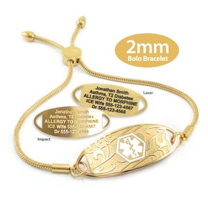 MedicEngraved™ 316L Stainless Steel 2mm Yellow Gold Finish Bolo Bracelet with Medical ID Tag - Engraving Included