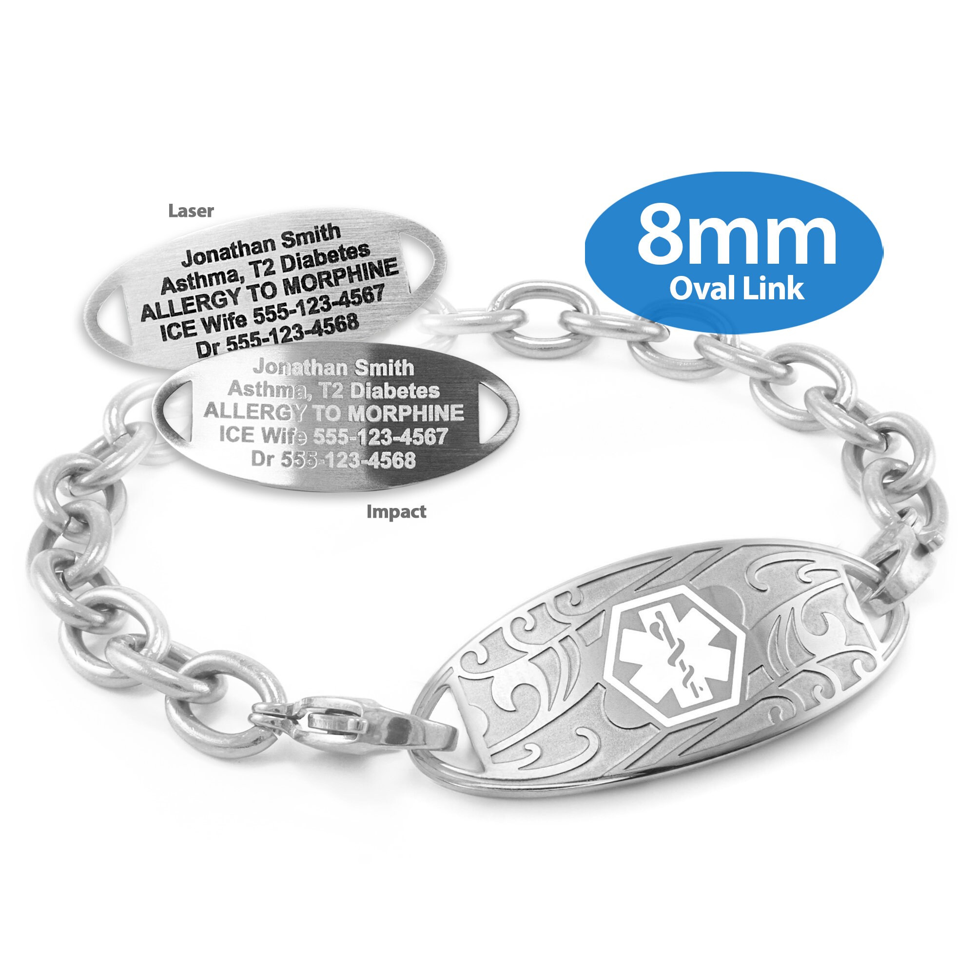 MedicEngraved™ 316L Stainless Steel 8mm Oval Link Bracelet with Interchangeable Medical ID Tag (Star of Life) - Engraving Included