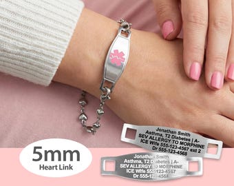 Engraved 5mm Heart Link Medical Alert ID Bracelet by MedicEngraved® – Stainless Steel