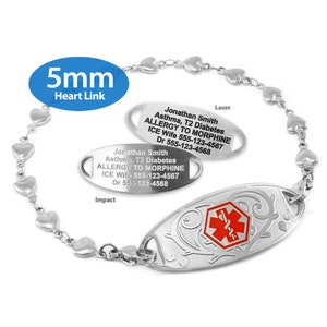 MedicEngraved™ 316L Stainless Steel 5mm Heart Link Bracelet with Interchangeable Medical ID Tag (Star of Life) - Engraving Included