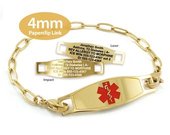 MedicEngraved® 4mm Paperclip Link Bracelet in 316L Stainless Steel Yellow Gold Finish w/Interchangeable Medical ID Tag - Engraving Included