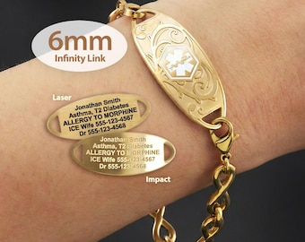 Engraved 6mm Infinity Link Medical Alert ID Bracelet by MedicEngraved® – Yellow Gold Stainless Steel