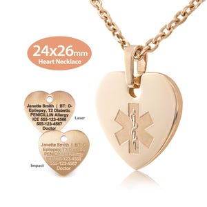MedicEngraved® Heart Medical ID Necklace (24x26mm) in 316L Stainless Steel Rose Gold Finish with 3mm Oval Link Necklace - Engraving Included