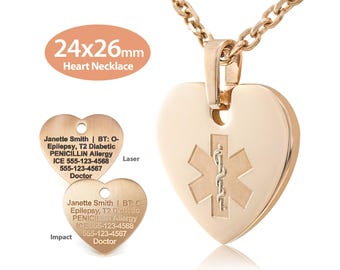 MedicEngraved® Heart Medical ID Necklace (24x26mm) in 316L Stainless Steel Rose Gold Finish with 3mm Oval Link Necklace - Engraving Included