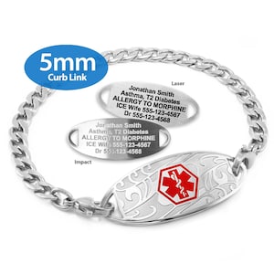 a silver-colored bracelet with a 5mm curb link attached to it. The bracelet has a medical alert charm with a red cross symbol and a medical symbol, indicating it is designed for emergency use.