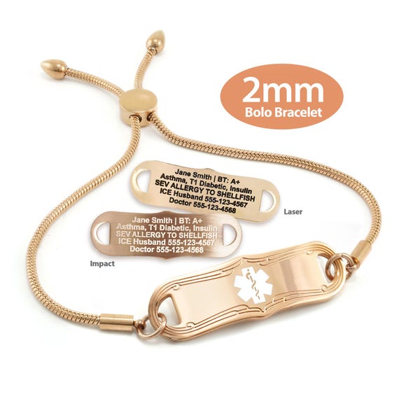 MedicEngraved™ 316L Stainless Steel 3mm Rose Gold Bolo Bracelet with Medical ID Tag - Engraving Included
