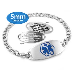 a silver-colored metal bracelet with a 5mm curb link attached to it. The bracelet has a medical alert label attached to it, which includes information about allergies and medications.
