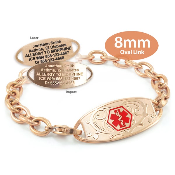 MedicEngraved™ 316L Stainless Steel 8mm Rose Gold Finish Oval Link Bracelet with Interchangeable Medical ID Tag - Engraving Included