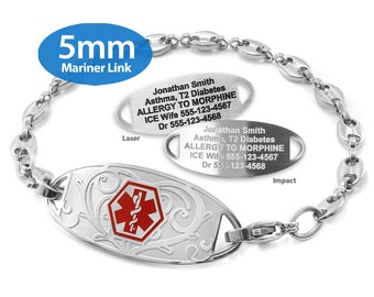 Engraved 5mm Mariner Link Medical Alert ID Bracelet by MedicEngraved® – Stainless Steel