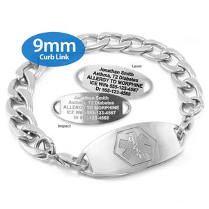 MedicEngraved® 9mm Curb Link Bracelet in 316L Stainless Steel with Interchangeable Medical ID Tag (Star of Life) - Engraving Included