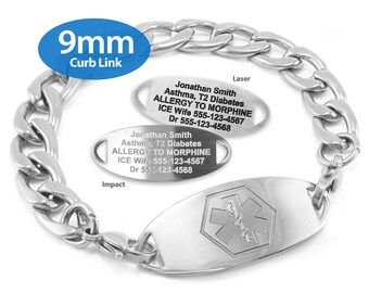 MedicEngraved® 9mm Curb Link Bracelet in 316L Stainless Steel with Interchangeable Medical ID Tag (Star of Life) - Engraving Included