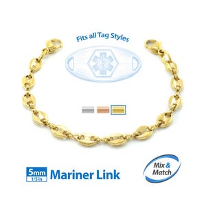 a gold-colored bracelet with a mariner-style charm, and it is described as a 5mm Mariner Link.