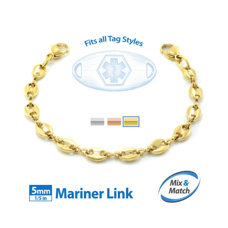 a gold-colored bracelet with a mariner-style charm, and it is described as a 5mm Mariner Link.