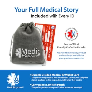 The image is an advertisement for a medical ID wallet card and a soft felt pouch, both of which are included with a full medical story.
