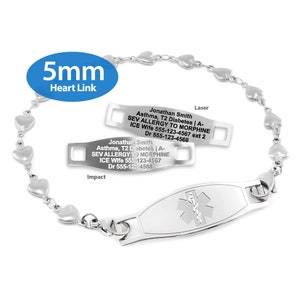 MedicEngraved™ 316L Stainless Steel 5mm Heart Link Bracelet with Interchangeable Medical ID Tag (Star of Life) - Engraving Included