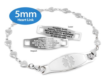 MedicEngraved™ 316L Stainless Steel 5mm Heart Link Bracelet with Interchangeable Medical ID Tag (Star of Life) - Engraving Included