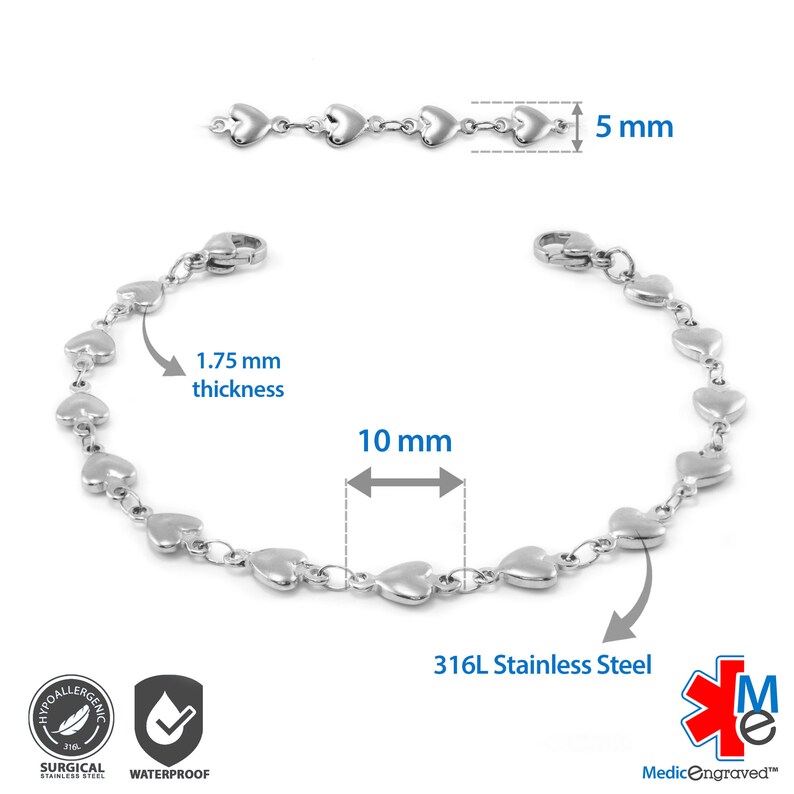 MedicEngraved™ 316L Stainless Steel 5mm Heart Link Bracelet image 4